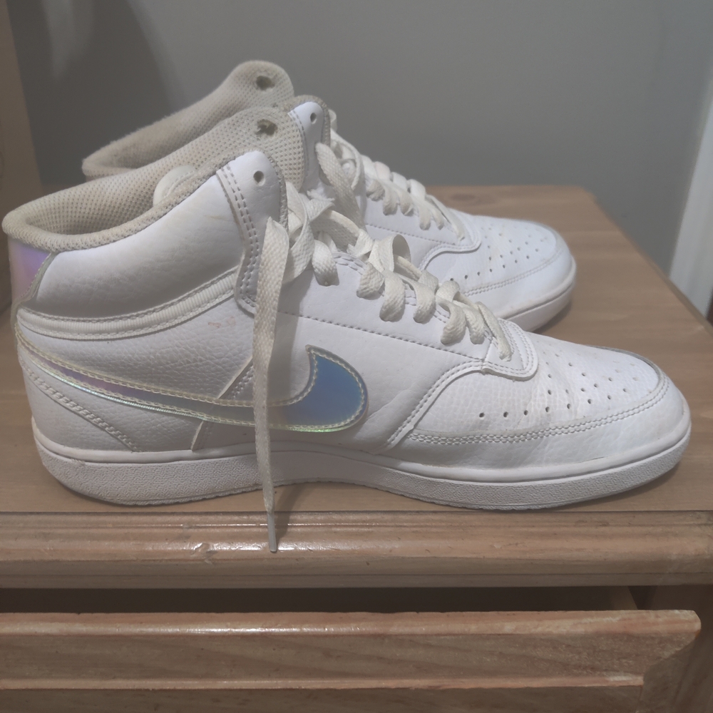 Nike White High-Top Sneakers with Iridescent Swoosh